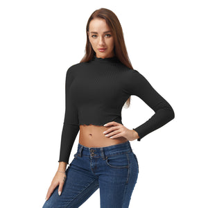 Black Ruffled Long Sleeve Lightweight Crop Top