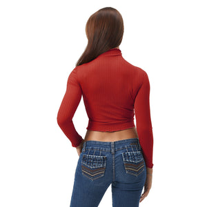 Red Ruffled Long Sleeve Lightweight Crop Top